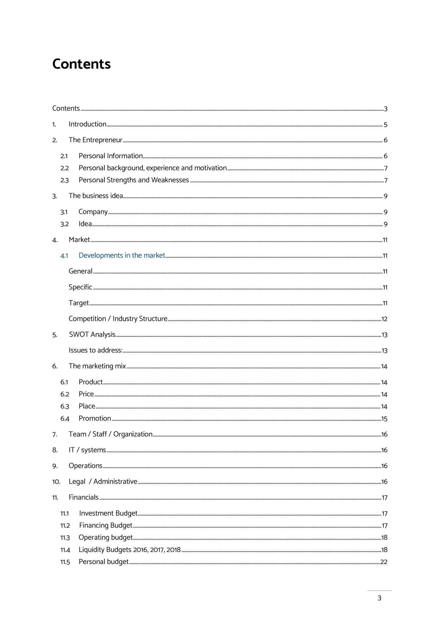 index for business plan